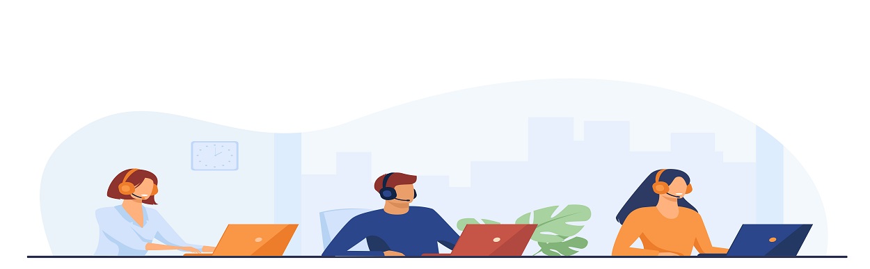 Customer support representatives working in call center. People in headset working at laptop in office flat vector illustration. Support service concept for banner, website design or landing web page