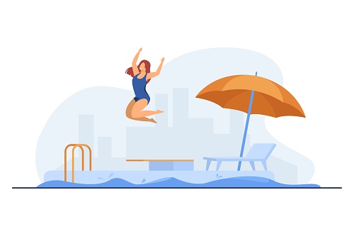 Girl jumping into outdoor swimming pool. Comfort, activity. Flat vector illustration. Leisure concept can be used for presentations, banner, website design, landing web page